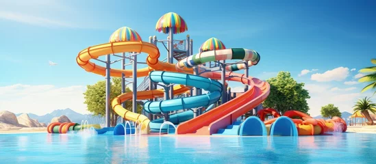 Fotobehang Vacation aquapark with empty colorful waterslides sea view and sunny day Water slide with children pool summer fun activity holiday entertainment Copy space image Place for adding text or desig © HN Works