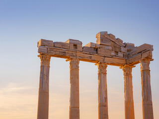 Fototapeta premium travel to ancient city of Side, Antalya coast of Turkey in tourist low season. Ruins of the Temple of Apollo in Side
