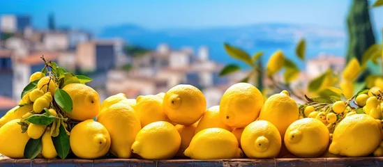 Tuinposter Various types of lemons available at a farmer market in Taormina Sicily Italy Copy space image Place for adding text or design © HN Works