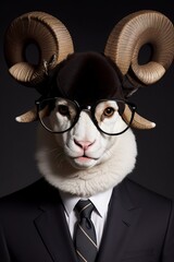 a goat wearing a suit and tie with glasses