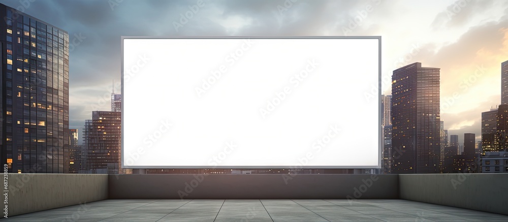 Fototapete sunny 3d rendering of a mock up white billboard on a modern skyscraper at sunset copy space image pl