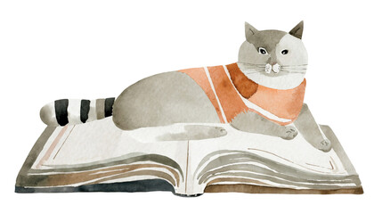 watercolor drawing of cat sitting on book, 