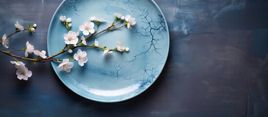 Spring branches decorate handmade ceramic plates Close up of blue vintage dishes on grey background Empty area Copy space image Place for adding text or design