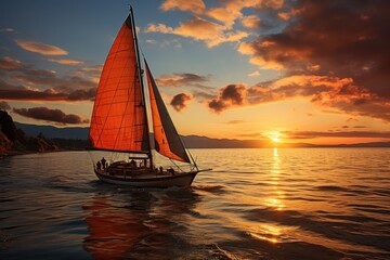 A majestic sailboat glides gracefully on the sparkling water, its mast reaching towards the vibrant sunset as it transports its passengers on a peaceful journey through the serene ocean