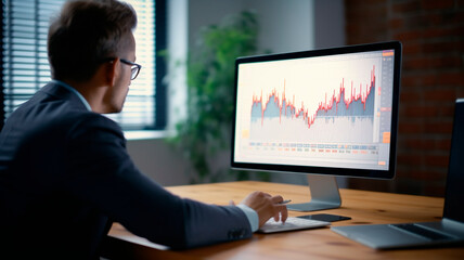 Charts of financial activity depicting fluctuations in financial trends in a business depicted on a laptop monitor. Generative AI