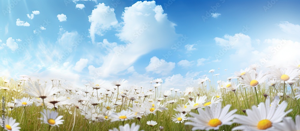 Aufkleber scenic meadow of wild daisies under blue sky copy space image place for adding text or design