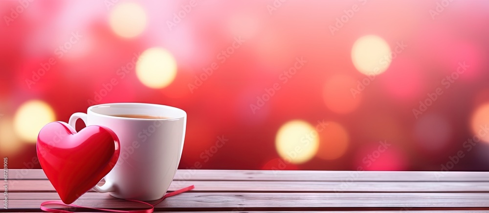 Poster table with heart shaped cup blank for text celebration of valentine s day copy space image place for