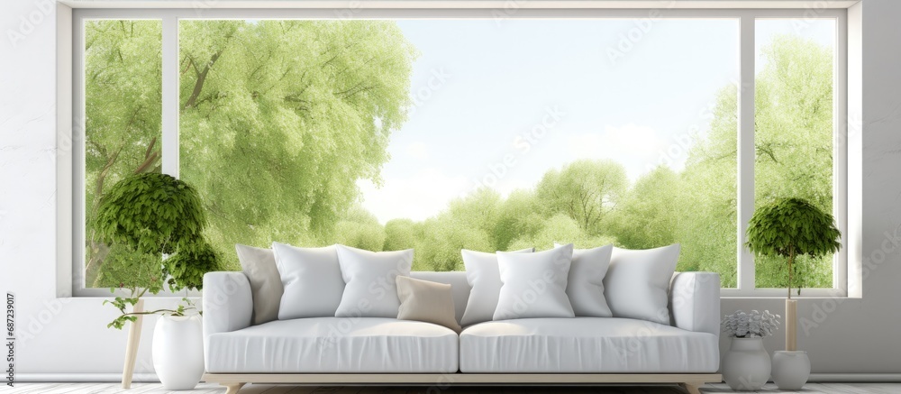 Poster Scandinavian inspired 3D illustration of a white living room with a sofa and a summer landscape seen through the window Copy space image Place for adding text or design