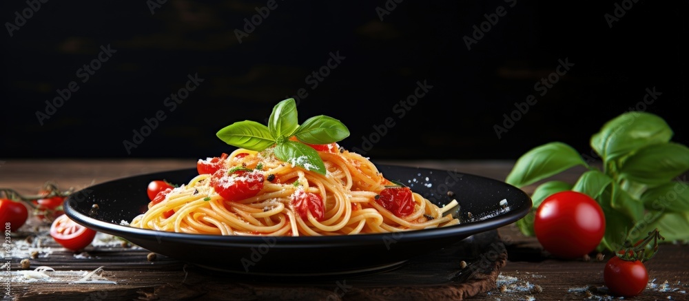 Poster traditional homemade italian spaghetti pasta served on a rustic dark table with a wooden background 
