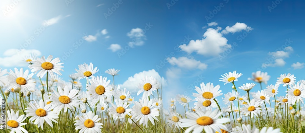 Poster Scenic meadow of wild daisies under blue sky Copy space image Place for adding text or design