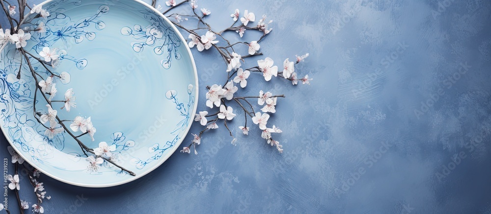 Aufkleber Spring branches decorate handmade ceramic plates Close up of blue vintage dishes on grey background Empty area Copy space image Place for adding text or design