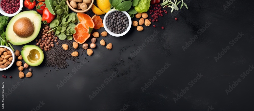 Poster Superfoods on a gray background with room for text Nuts beans greens fruit and seeds Nutritious vegan cuisine Copy space image Place for adding text or design