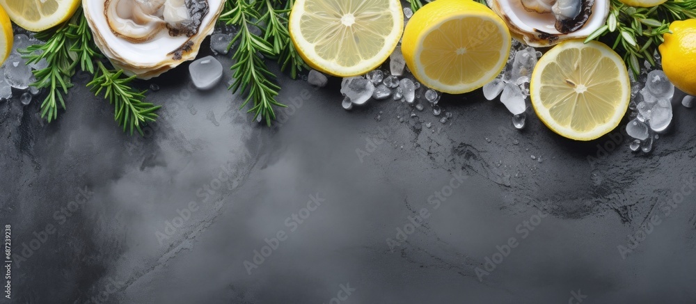 Poster Top view of fresh oysters lemon herbs and ice on a grey background Copy space available Copy space image Place for adding text or design