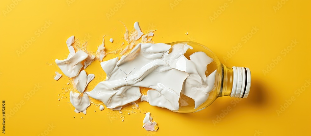 Poster Squashed plastic bottles represent global pollution on yellow Copy space image Place for adding text or design