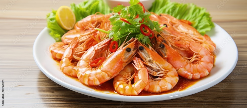 Poster Shrimp vegetables and spicy chili sauce make a delicious seafood salad with citrus Copy space image Place for adding text or design