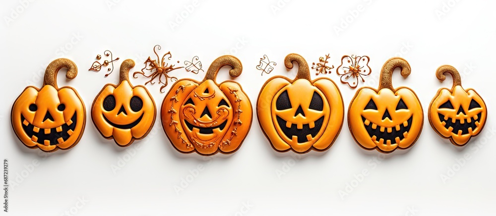 Poster Top view of white background with bright gingerbread cookies for Halloween Copy space image Place for adding text or design