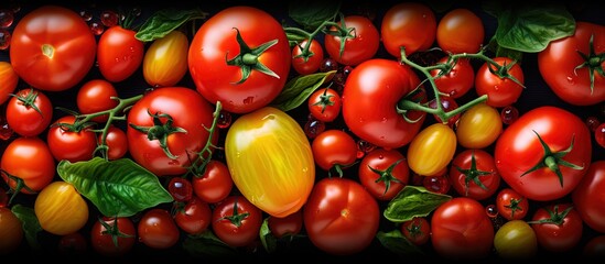 Vibrant tomato food backdrop from organic garden harvest Top down view textural flat lay Copy space image Place for adding text or design - obrazy, fototapety, plakaty