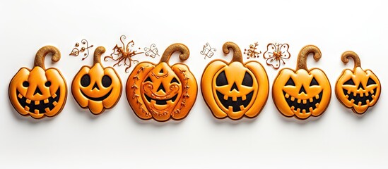 Top view of white background with bright gingerbread cookies for Halloween Copy space image Place for adding text or design