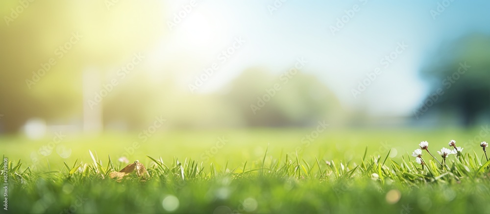Aufkleber spring nature with a tidy lawn trees and a blue sky on a sunny day copy space image place for adding