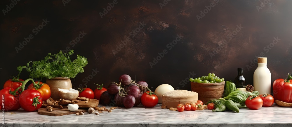 Poster various food ingredients are placed on the kitchen table next to a marble stone copy space image pla