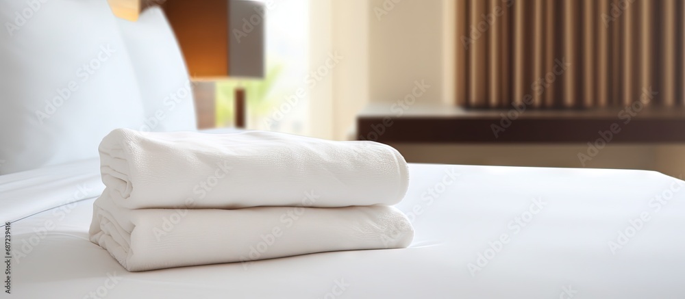 Aufkleber tidy hotel room welcome card fresh towels bedding hospitality guest white pillow towel copy space im