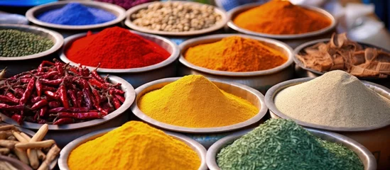 Fotobehang Vibrant spices showcased at a rural Indian market Copy space image Place for adding text or design © HN Works