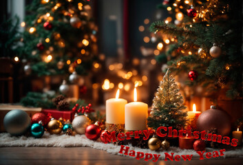 Fototapeta na wymiar Christmas. New Year. Greeting card beautiful christmas background New Year's candles and decorations