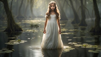 A girl in a white dress stands in the middle of a swamp