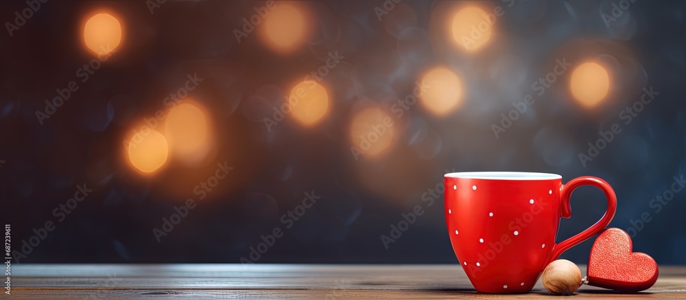 Poster Table with heart shaped cup blank for text Celebration of Valentine s Day Copy space image Place for adding text or design