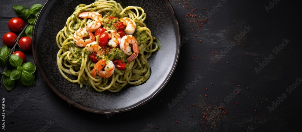 Poster tasty pasta with pesto and seafood on a black plate on a dark concrete background copy space image p