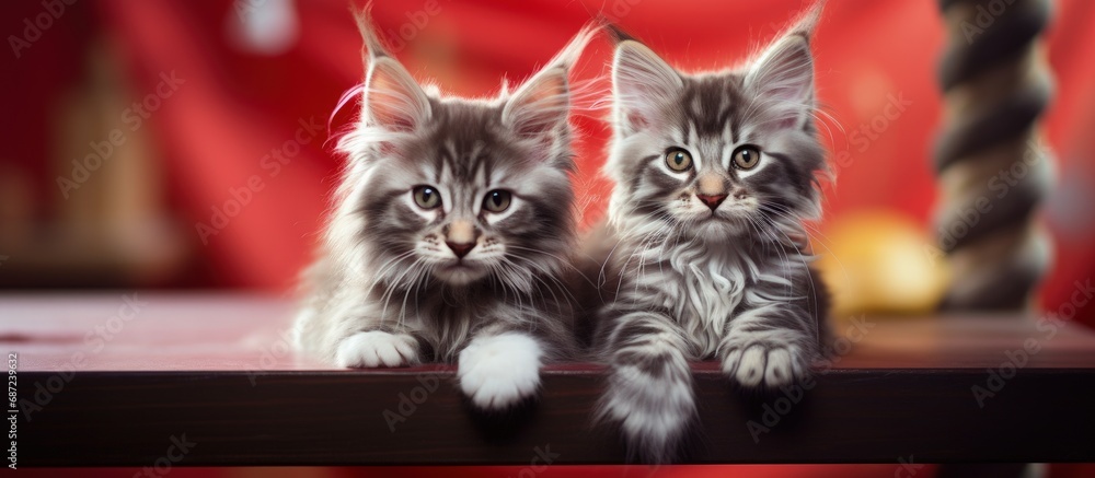 Wall mural Two adorable Maine Coon kittens in red and gray resting on a play stand Copy space image Place for adding text or design