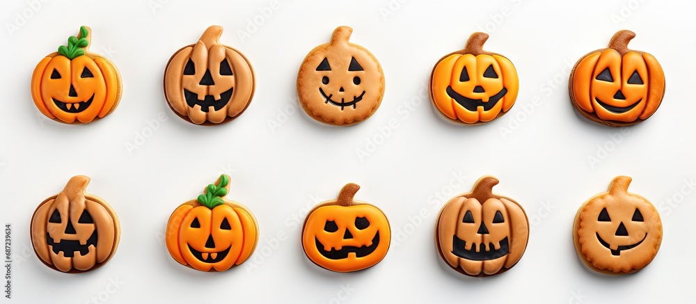 Poster Top view of white background with bright gingerbread cookies for Halloween Copy space image Place for adding text or design