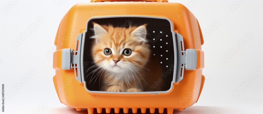 Poster White background plastic carrier for a cat Copy space image Place for adding text or design