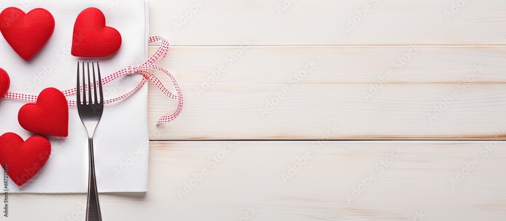 Aufkleber Valentine s Day dinner scene with cutlery heart and space for text on a white wooden table Copy space image Place for adding text or design