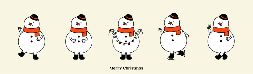 Groovy Christmas character set. Funny cartoon Xmas. Hippie 70s 60s Snowman. Cute mascot Collection. Trendy retro style. Holiday winter element design isolated. Vintage vector flat illustration.