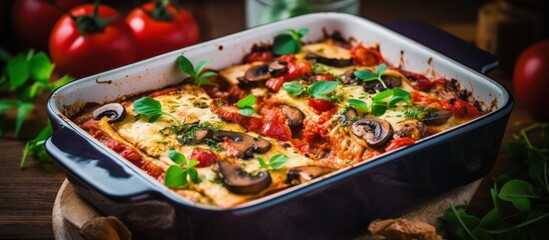 Vegan low fat lasagna with mushrooms tomato sauce and herbs close up on a wooden table Copy space image Place for adding text or design