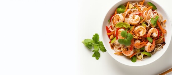Top view of Thai street food concept featuring a spicy seafood salad with vermicelli and vegetables on a white wooden background Copy space image Place for adding text or design