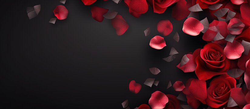 Valentine s Day offer romantic banner with rose petals on dark backdrop Copy space image Place for adding text or design