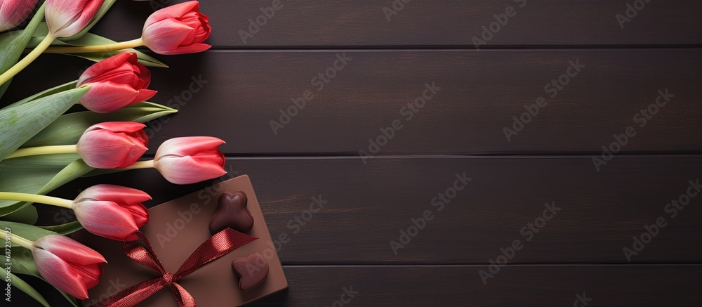 Leinwandbilder valentine s day gift fancy chocolates and tulips copy space image place for adding text or design