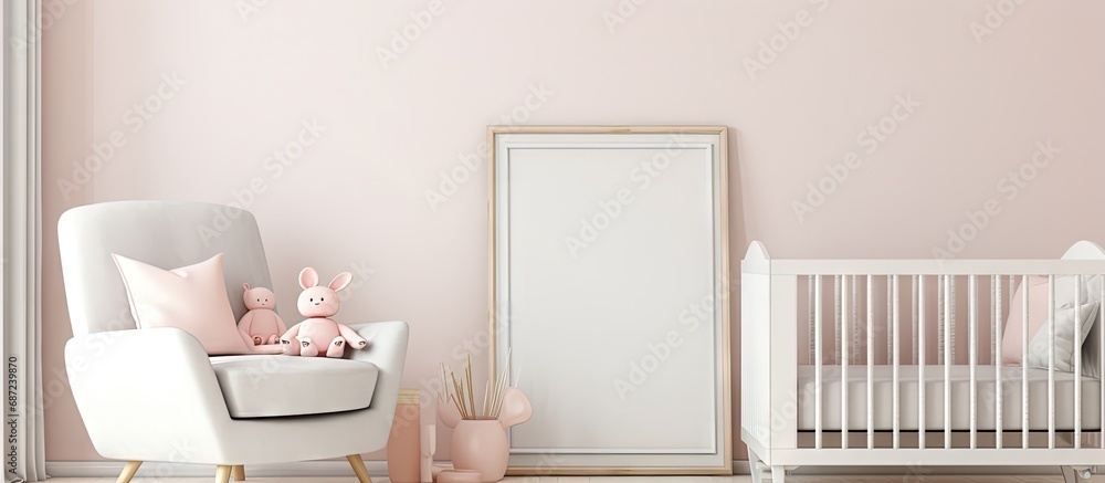Aufkleber Scandinavian style child room with empty picture frame baby bed chair Cozy and free space for your picture 3D rendering Copy space image Place for adding text or design