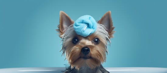 Unhappy Yorkshire Terrier dislikes getting bathed with foam on its head during pet grooming Copy space image Place for adding text or design