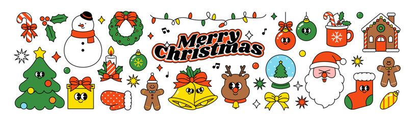 Merry Christmas, Happy New year cute sticker pack. Groovy patch collection. funny Xmas label set. Holiday design bundle. Hippie 70s 60s trendy retro cartoon style. Vintage vector flat illustration.