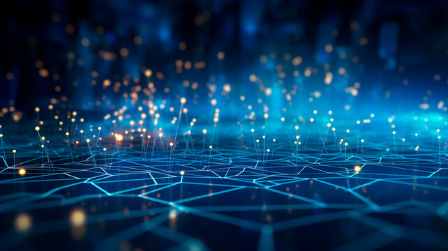 Neural connections depicted as a holographic structure, featuring interconnected blue fibers forming a square pattern.