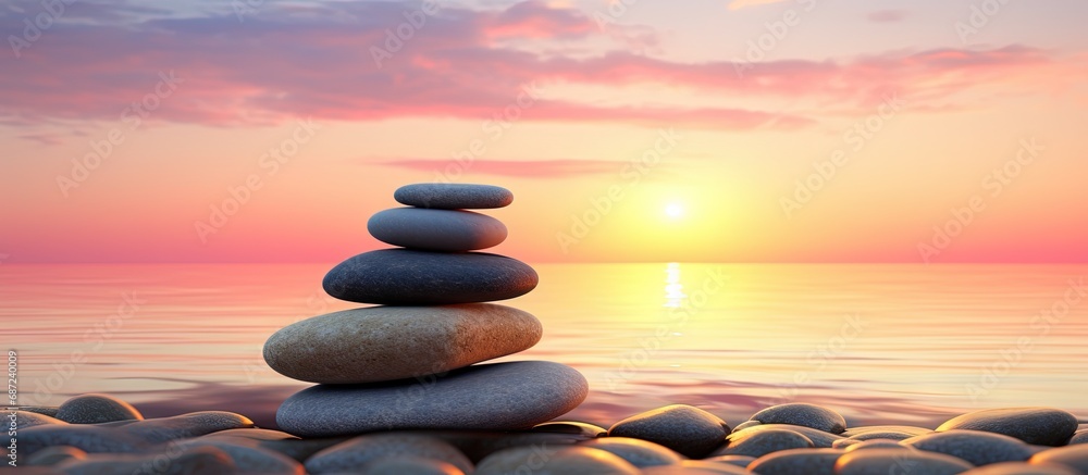 Aufkleber Zen stones on the beach symbolizing relaxation and meditation during sunset Copy space image Place for adding text or design