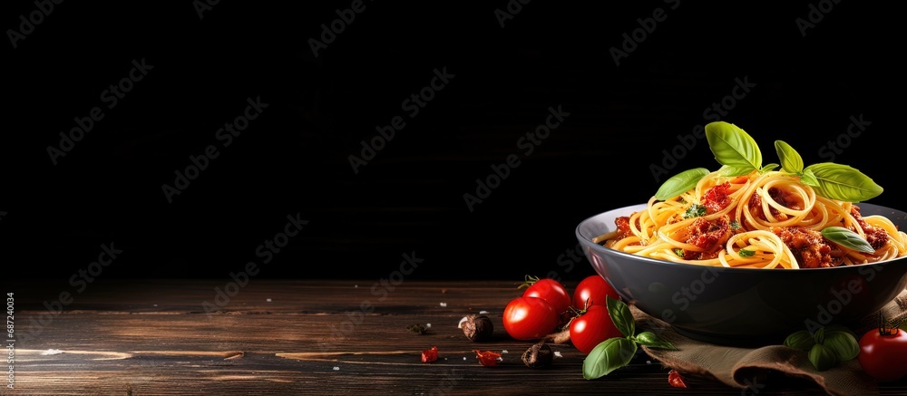 Poster Traditional homemade Italian spaghetti pasta served on a rustic dark table with a wooden background Copy space image Place for adding text or design