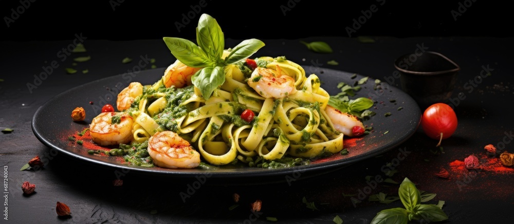 Poster tasty pasta with pesto and seafood on a black plate on a dark concrete background copy space image p