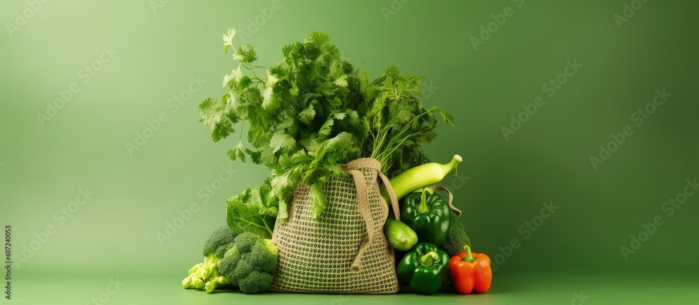 Poster sustainable lifestyle with eco bag fresh vegetables fabric shopper vegan concept zero waste organic 