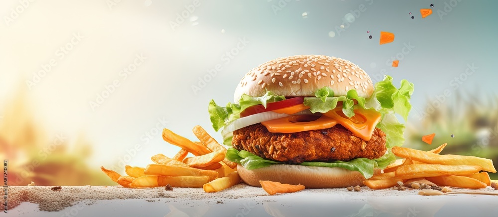 Poster Vegan burger with carrot patties and fried potato on table Light background Space for text Copy space image Place for adding text or design