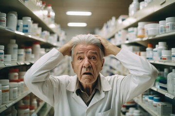Worried retiree consumer in pharmacy. Senior male buyer shocked with expensive drugs. Poor retirement life concept - obrazy, fototapety, plakaty