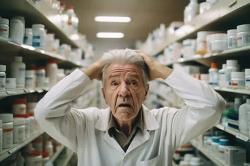 Foto op Canvas Worried retiree consumer in pharmacy. Senior male buyer shocked with expensive drugs. Poor retirement life concept © Lazy_Bear